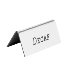 A silver colored beverage tent that reads "Decaf".