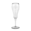 A 6oz tulip champagne glass. The middle of the cup flares into a bulb and narrows again as it reaches the rim.
