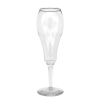 A 9oz tulip champagne glass. The middle of the cup flares into a bulb and narrows again as it reaches the rim.